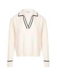 Cremefarbener Pullover mit langen Ärmeln und tiefem V-Ausschnitt sowie Kragen, der schwarze Abschlüsse entlang des Kragens, des Ausschnitts und der Manschetten aufweist.