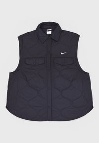 Chaleco acolchado navy con cuello, cierre frontal de botones y dos bolsillos en el pecho. Presenta un pequeño logo blanco de Nike en la parte izquierda.