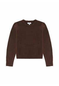 Brown knitted sweater with a round neck and long sleeves. Soft texture, cropped design, and no visible patterns or hardware details.