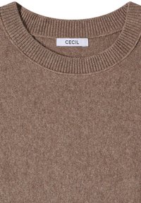 Pull en tricot marron à col ras du cou avec col côtelé et étiquette blanche portant l'inscription "CECIL" cousue à l'intérieur au niveau de la nuque.