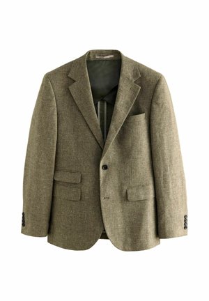 Herringbone pattern blazer in olive green, featuring two front pockets, a chest pocket, and black buttons on the cuffs. Lined interior.