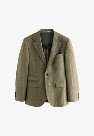 Blazer à motif chevrons en vert olive, avec deux poches avant, une poche poitrine et des boutons noirs aux poignets. Doublure intérieure.