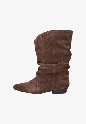 Brown suede mid-calf slouchy boot with a low heel and pointed toe, shown from the side on a white background.