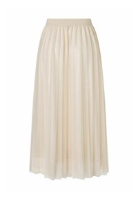 Faltenrock in blassbeige, aus leichtem, durchscheinendem Stoff mit einem elastischen Bund und einer zarten, weichen Textur.