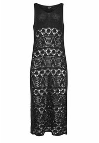Vestido negro sin mangas con un patrón de punto y calado. El diseño incluye un efecto de encaje con motivos florales y un corte a media longitud.