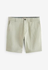 Pantalones cortos para hombres de color beige, hasta la rodilla, con passadores para cinturón, bolsillos laterales, cierre de botón y cremallera.