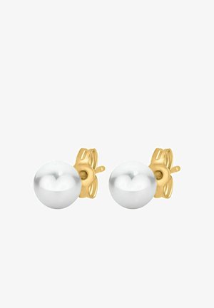 Gold stud earrings featuring large, smooth white pearls. The pearls are round, glistening, and attach via a butterfly closure.