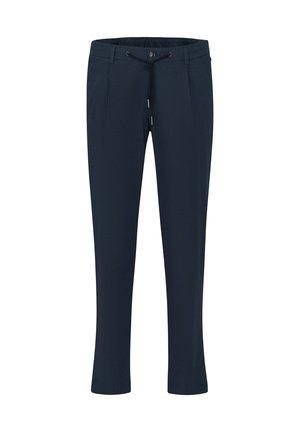 Navy chinos with a drawstring waistband, featuring two front pockets and a straight leg design. Smooth texture and mid-rise fit.