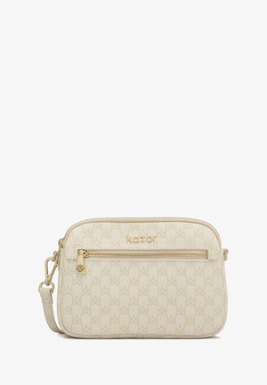 Kreminė perpetinė rankinė su tekstūriniu paviršiumi, su auksine užtrauktuku, įspaudžiu prekės ženklu ir nuimamu peties diržu.