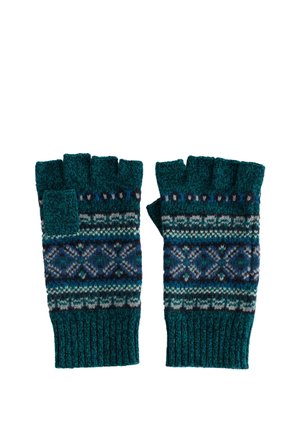 Par de guantes sin dedos de punto color verde azulado con un diseño estampado en azul, gris y negro y una solapa que cubre los dedos.