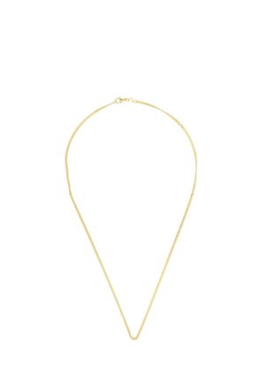 Zarte dünne Goldkette mit Karabinerverschluss, vor weißem Hintergrund präsentiert.