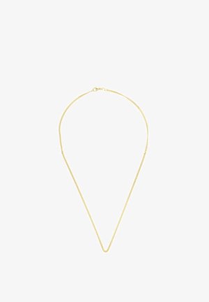 Zarte dünne Goldkette mit Karabinerverschluss, vor weißem Hintergrund präsentiert.