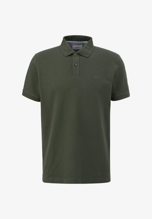 Polo shirt vert foncé en coton avec une finition texturée, doté d'un col classique, d'une patte de boutonnage à trois boutons et d'un petit logo sur la poitrine.