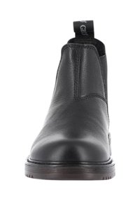 Stivale Chelsea nero in pelle con una finitura liscia, pannelli laterali elasticizzati e tab di estrazione; presenta un tacco basso e un design con punta arrotondata.