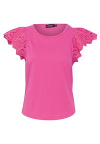 Camiseta de manga corta rosa con detalles de encaje en las mangas, escote redondo y tela de mezcla de algodón suave.