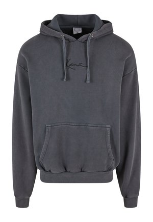 Grå hættetrøje med frontlomme, snørelukning i hætten, ribbede håndled og kant. Har et broderet logo på brystet. Fremstillet af bomuldsblanding.