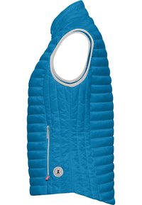 Ärmelleste blaue Pufferweste mit gestepptem Muster, ausgestattet mit einer silbernen Reißverschlusstasche und einem dekorativen Logo-Patch. Entwickelt für Wärme und Beweglichkeit.