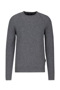 Grauer, gerippter Strickpullover mit Rundhalsausschnitt, langen Ärmeln und seitlichen Saumdetails. Hergestellt aus einem weichen, strukturierten Stoff.