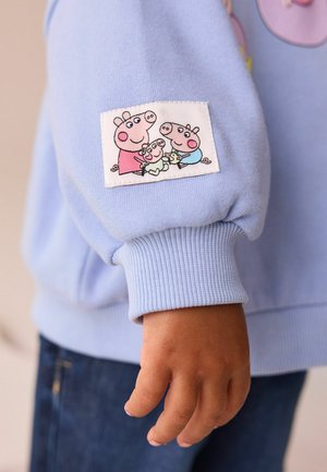 Helles blauer Sweatshirt mit gerippten Bündchen, ausgestattet mit einem Stoffpatch von Cartoon-Schweinen. Eine Hand eines Kindes liegt neben einem Denim-Stoff.