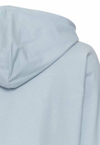 Lichtblauwe hoodie van een textiele stof, met een afgeronde capuchon en raglanmouwen, met subtiele stikseldetails.