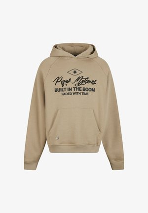 Beige kapucnis pulóver elülső zsebbel, húzózsinóros kapucnival és fekete nyomtatott szöveggel. Bordás mandzsettákkal és aljjal rendelkezik, puha pamut keverék anyagból készült.