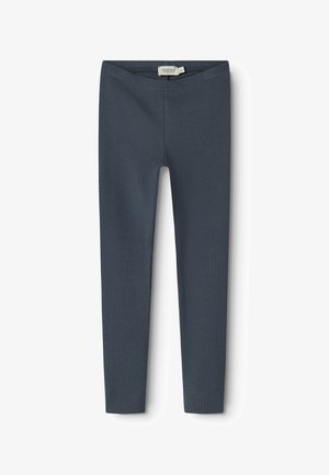 Leggings texturizados em azul-marinho, feitos de tecido elástico, design ajustado, com uma cintura elástica, apresentando uma textura suave e sem costuras visíveis.
