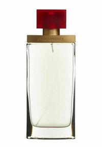 Klar rektangulär parfymflaska med ett guldlock och en röd fyrkantig topp, märkt "ardenbeauty," innehållande en ljusgul vätska.