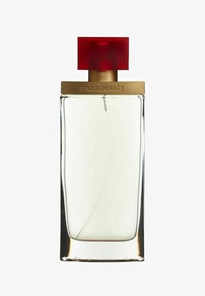 Clear rectangular perfume bottle with a gold cap and a red square top, labeled "ardenbeauty," containing a light yellow liquid.