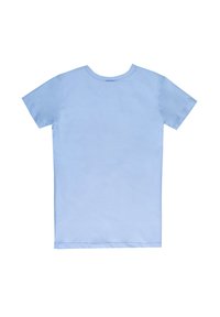 T-shirt in cotone di colore azzurro chiaro con maniche corte, collo rotondo, texture liscia, senza motivi o grafiche, e un design semplice e classico.