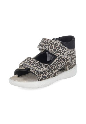 Kindersandale mit offenem Zehenbereich und Leopardenmuster-Riemen, schwarzem gepolstertem Fersenkragen und weißer Gummisohle, ausgestattet mit zwei verstellbaren Klettverschlüssen.
