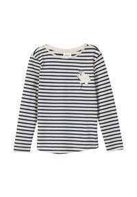 Marineblauw en crèmekleurig gestreept langemouwshirt met een ronde hals en een bloemig geborduurd detail op de linkerborst. Zachte stofstructuur.