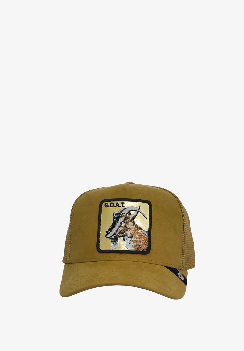 Brown baseball cap with mesh back featuring a square patch of a goat head and the text "G.O.A.T" on the front.