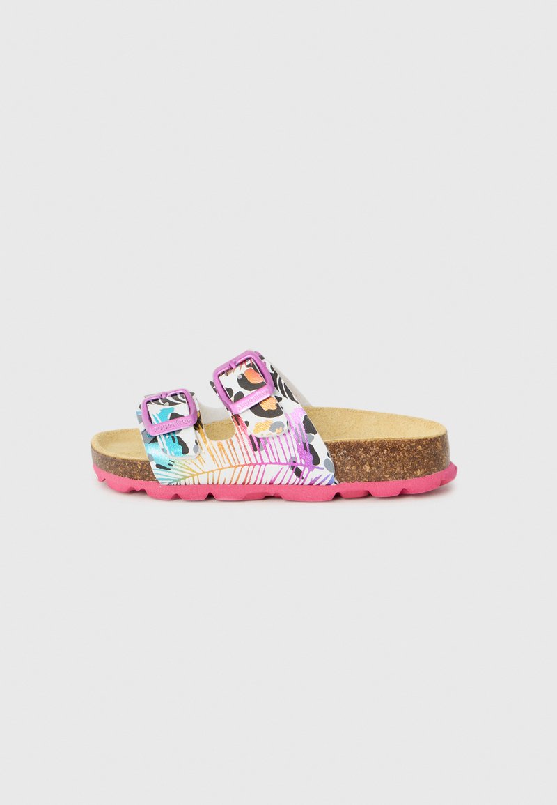 Mehrfarbige Sandalen mit einem gemusterten Synthetikriemen, zwei verstellbaren Schnallen, Korkfußbett und pinkem Gummi-Außensohle.