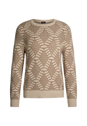 Gebreide trui in beige en lichtbruin, met een geometrisch patroon. Ronde hals, lange mouwen, ribgebreide manchetten en zoom.