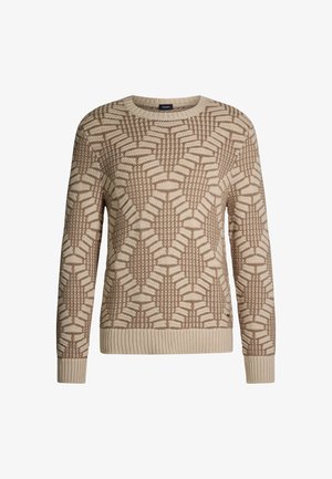 Gebreide trui in beige en lichtbruin, met een geometrisch patroon. Ronde hals, lange mouwen, ribgebreide manchetten en zoom.