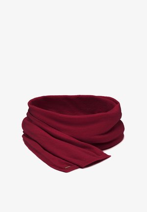 Fular tricotat burgundy cu o textură moale, design tubular și margini căzute. Prezintă un accent subtil la un capăt.