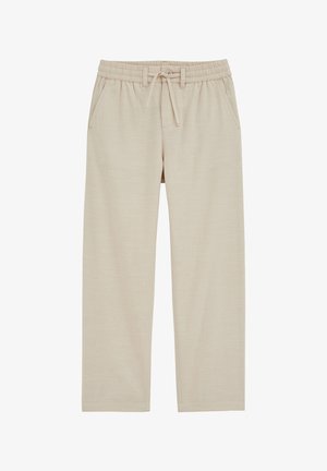 Beige, locker sitzende Hose aus einem strukturierten Stoff, mit elastischem Bund, Kordelzug und seitlichen Taschen.