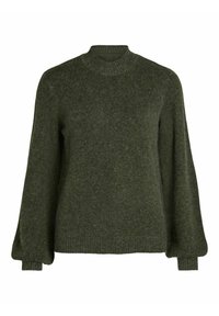 Olivgrön stickad tröja med hög hals, långa ballongärmar och en texturerad yta. Ribbad fåll och ärmslut ger en tät passform.