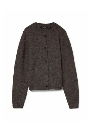Donkergrijze gebreide cardigan met een ronde hals, knopen aan de voorkant en lange mouwen. Heeft een zachte textuur en een geribde zoom.