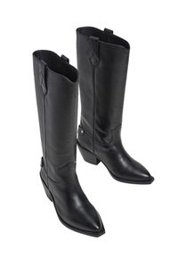 Bottes en cuir noir jusqu'au genou avec un bout pointu, un talon empilable et des coutures détaillées sur les côtés. Pas de motifs ou de détails matériels visibles.