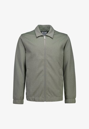 Grøn lynlåstrøje med krave, lange ærmer og ribstrikkede ærmekanter. Fremstillet af et glat, tekstureret stof. Har sidelommer.