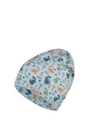 Light blue children's beanie with multicolored dinosaur and palm tree patterns, and a small fabric label.