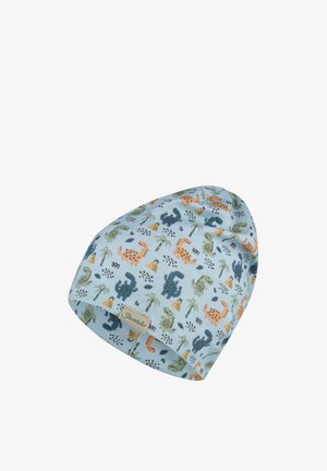 Light blue children's beanie with multicolored dinosaur and palm tree patterns, and a small fabric label.