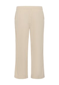 Pantaloni beige a vita elastica, con tasche laterali e un tessuto leggero e strutturato. Design a gamba dritta adatto per un look casual.