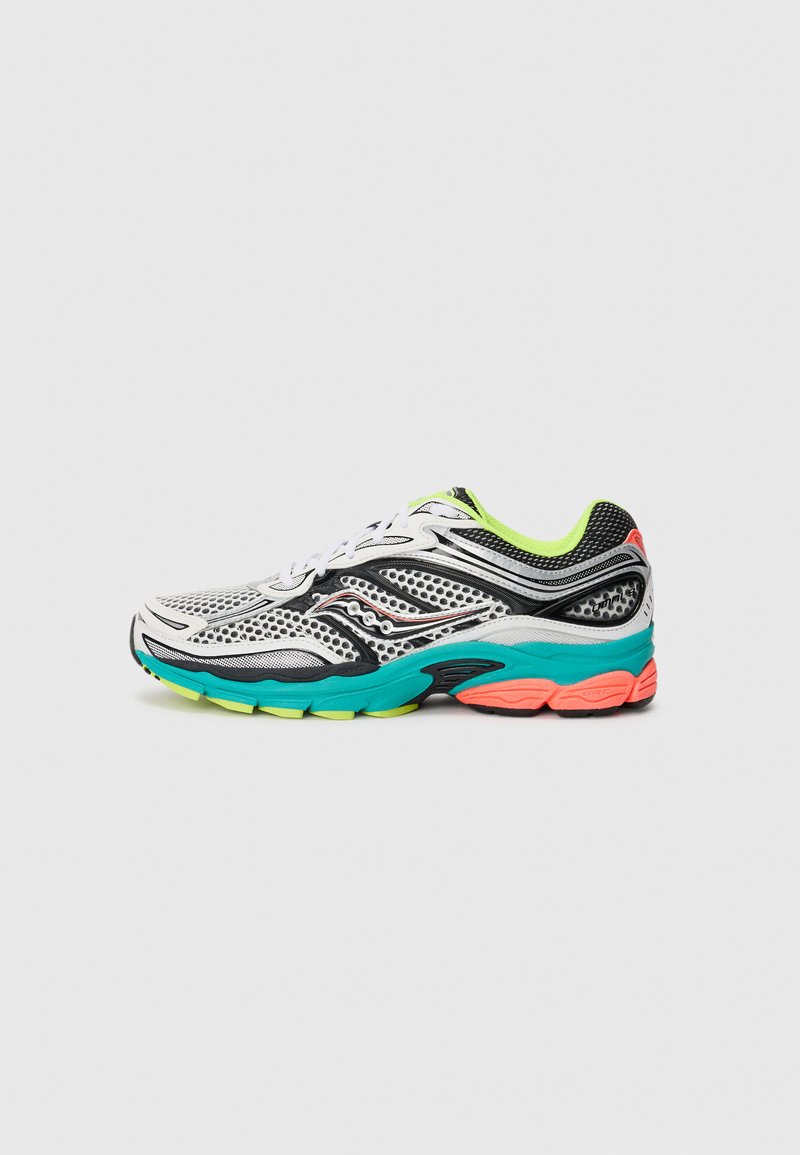 White and black running shoe with teal, neon yellow, and coral accents, mesh upper, and cushioned sole, shown from the side.