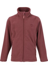 Fleecejakke i mørk maroon med høj krave, lynlås foran og sidelommer. Har et diskret logo på brystet. Blød tekstur.