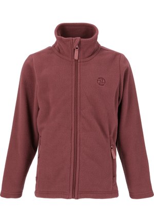 Fleecejakke i mørk maroon med høj krave, lynlås foran og sidelommer. Har et diskret logo på brystet. Blød tekstur.