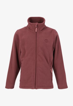 Fleecejakke i mørk maroon med høj krave, lynlås foran og sidelommer. Har et diskret logo på brystet. Blød tekstur.