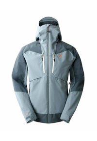 Veste grise imperméable avec capuche, accents gris contrastants, poches zippées et poignets ajustables. Présente un design épuré et ergonomique.