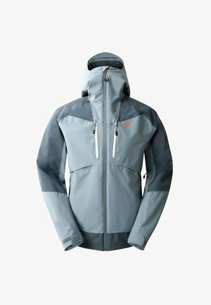 Giacca grigia impermeabile con cappuccio, accenti grigi a contrasto, tasche con zip e polsini regolabili. Caratterizzata da un design elegante ed ergonomico.